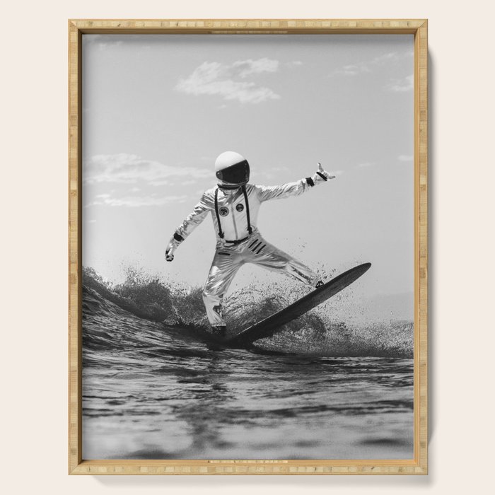 Space Surfer - Black And White - Futuristic Surf Photo Art Print - Astronaut Riding a Wave Serving Tray Gallery Image 1