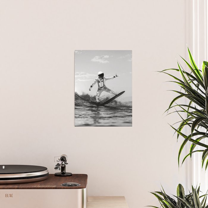 Space Surfer - Black And White - Futuristic Surf Photo Art Print - Astronaut Riding a Wave Poster Gallery Image 2
