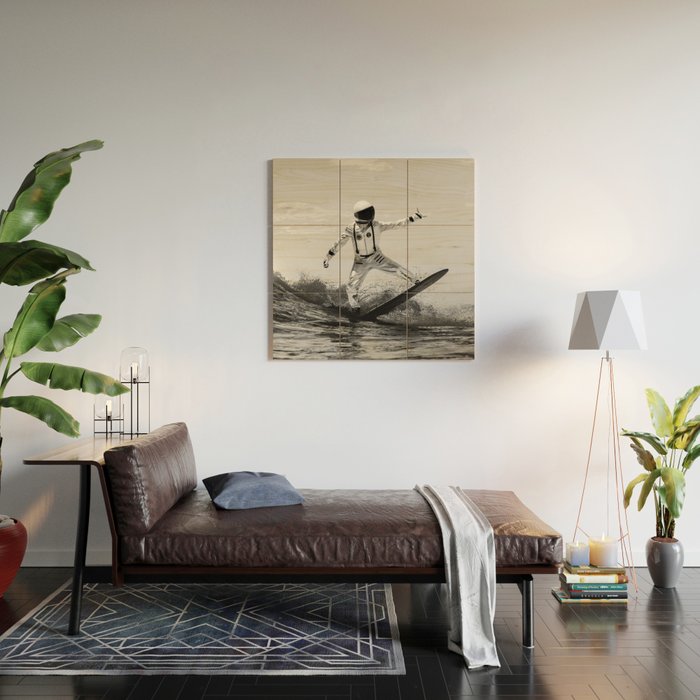 Space Surfer - Black And White - Futuristic Surf Photo Art Print - Astronaut Riding a Wave Wood Wall Art Gallery Image 2