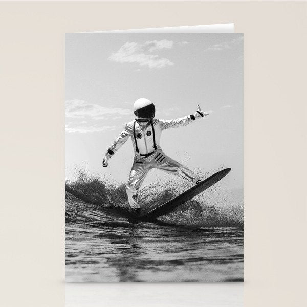 Space Surfer - Black And White - Futuristic Surf Photo Art Print - Astronaut Riding a Wave Stationery Card Gallery Image 1