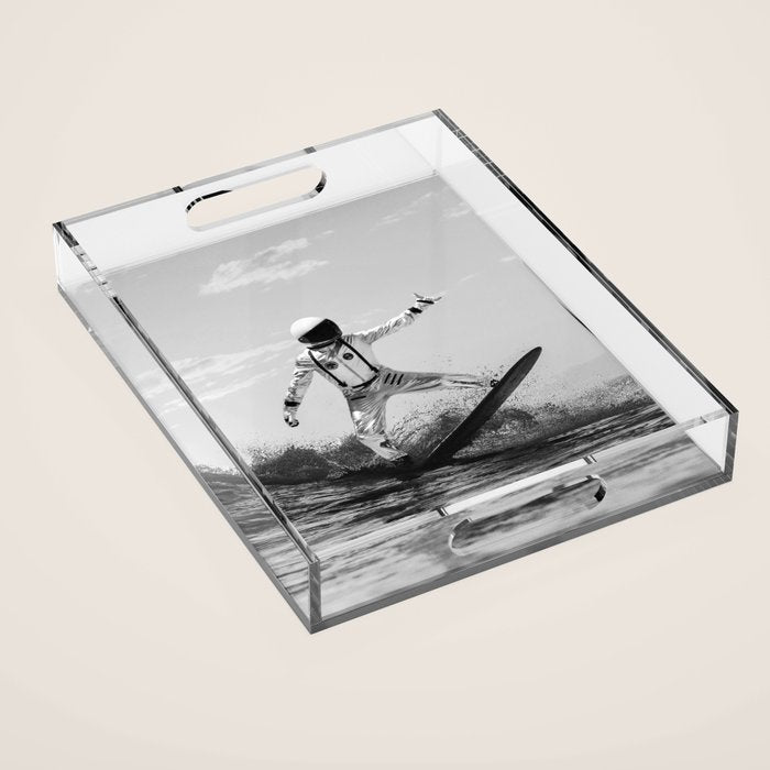 Space Surfer - Black And White - Futuristic Surf Photo Art Print - Astronaut Riding a Wave Acrylic Tray Gallery Image 1