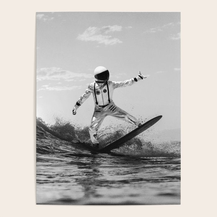 Space Surfer - Black And White - Futuristic Surf Photo Art Print - Astronaut Riding a Wave Poster Gallery Image 4