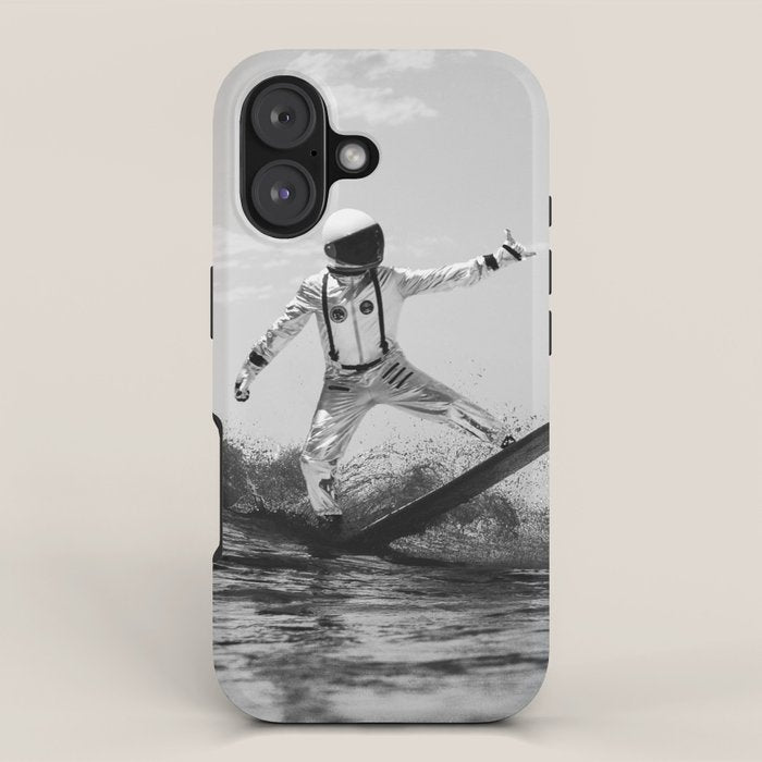 Space Surfer - Black And White - Futuristic Surf Photo Art Print - Astronaut Riding a Wave iPhone Case Gallery Image 1