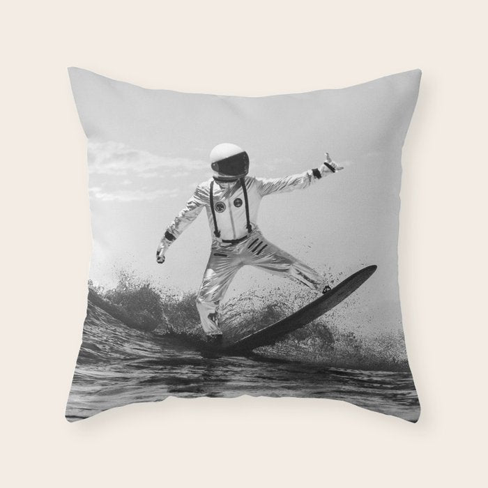 Space Surfer - Black And White - Futuristic Surf Photo Art Print - Astronaut Riding a Wave Throw Pillow Gallery Image 6