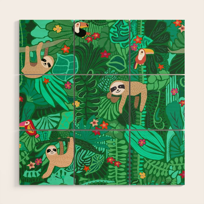 Sloths in the Emerald Jungle Pattern Wood Wall Art Gallery Image 1
