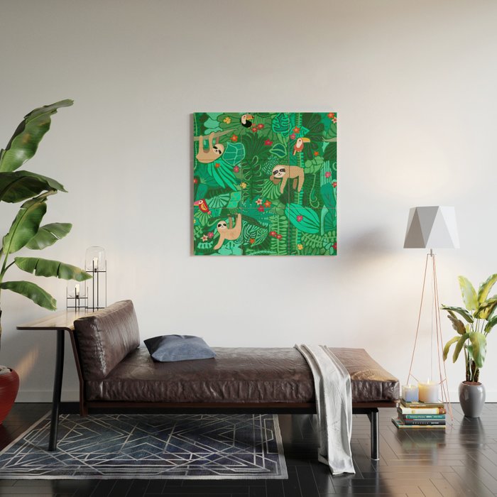 Sloths in the Emerald Jungle Pattern Wood Wall Art Gallery Image 2