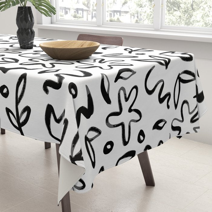 Black and white floral nature art doodle pattern Tablecloth Gallery Image 3