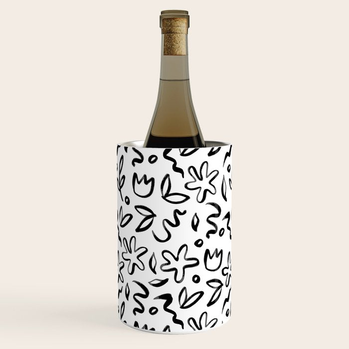 Black and white floral nature art doodle pattern Wine Chiller Gallery Image 1