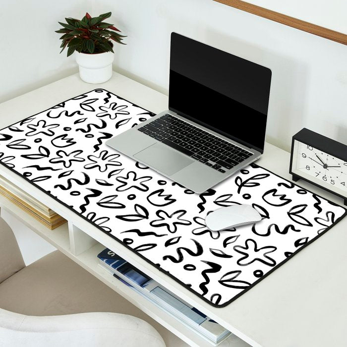 Black and white floral nature art doodle pattern Desk Mat Gallery Image 2