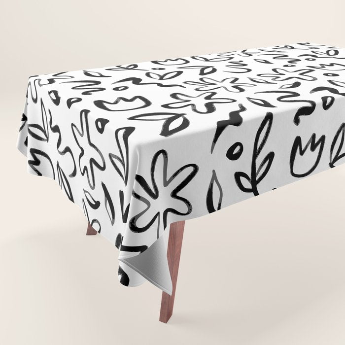Black and white floral nature art doodle pattern Tablecloth Gallery Image 1