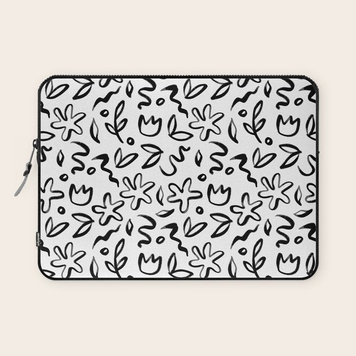 Black and white floral nature art doodle pattern Laptop Sleeve Gallery Image 1