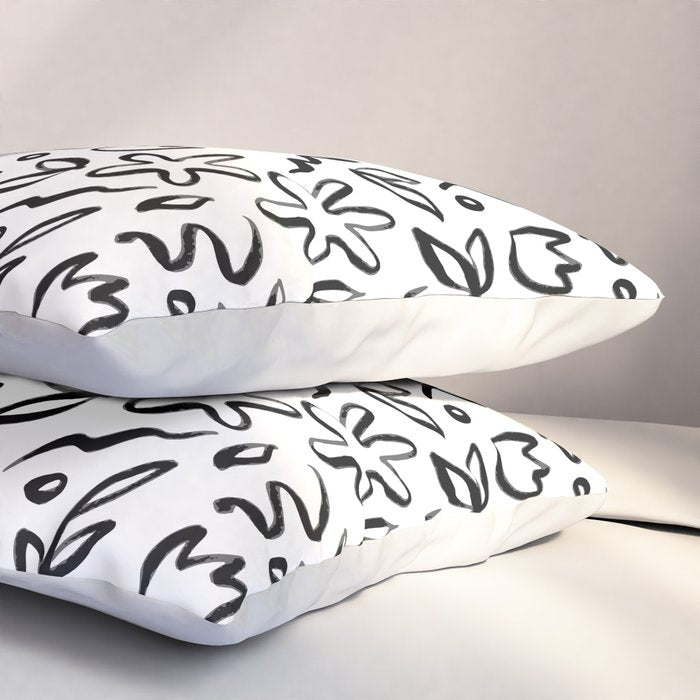 Black and white floral nature art doodle pattern Pillow Sham Gallery Image 3