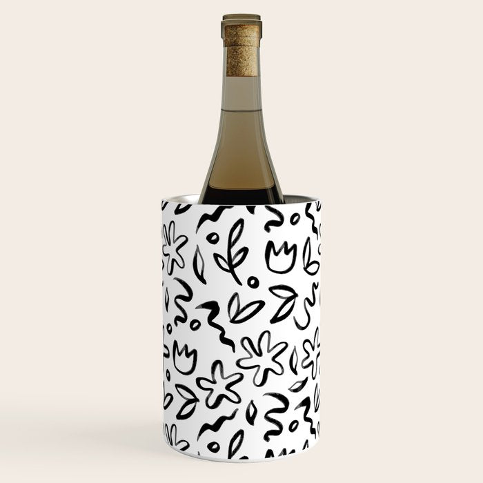 Black and white floral nature art doodle pattern Wine Chiller Gallery Image 3