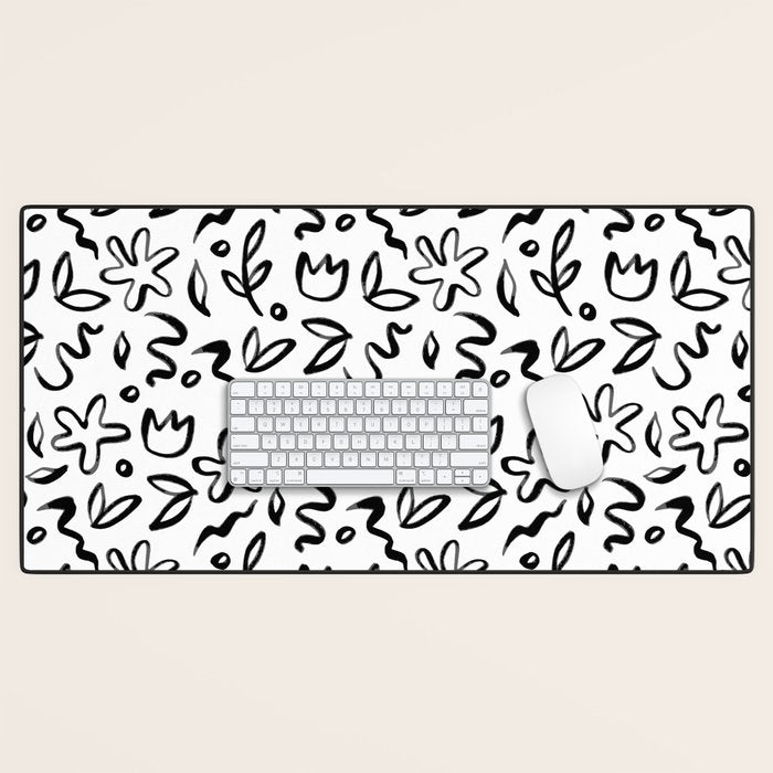 Black and white floral nature art doodle pattern Desk Mat Gallery Image 1