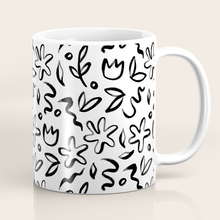 Black and white floral nature art doodle pattern Coffee Mug Gallery Image 1