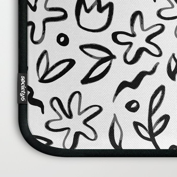 Black and white floral nature art doodle pattern Laptop Sleeve Gallery Image 3