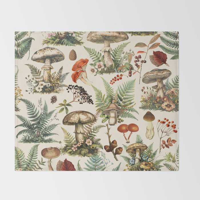 Woodland Vibes Mushroom And Fern Pattern Throw Blanket Gallery Image 2