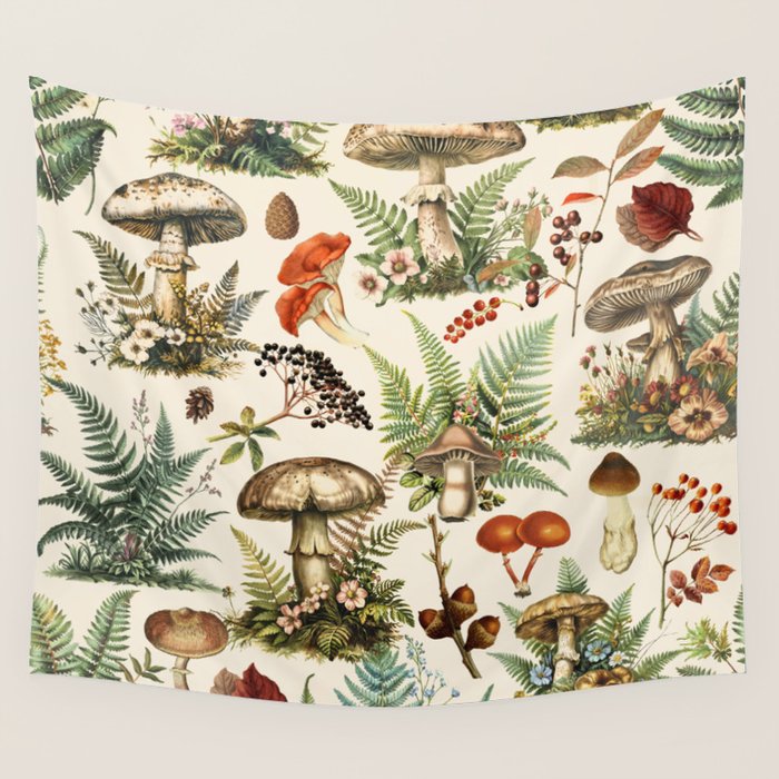 Woodland Vibes Mushroom And Fern Pattern Wall Tapestry Gallery Image 4
