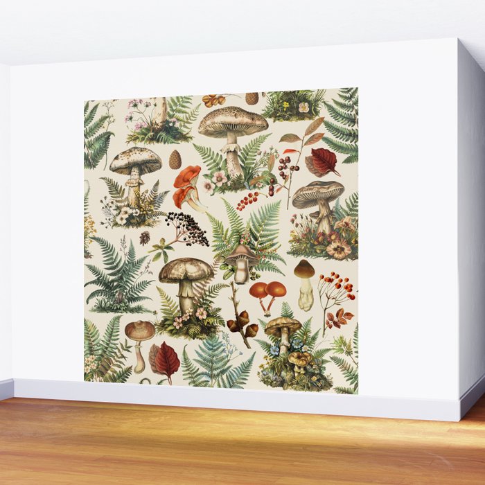 Woodland Vibes Mushroom And Fern Pattern Wall Mural Gallery Image 2