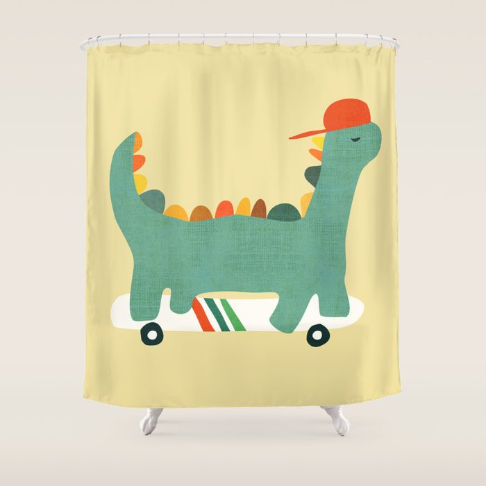Dinosaur on retro skateboard Shower Curtain Gallery Image 1