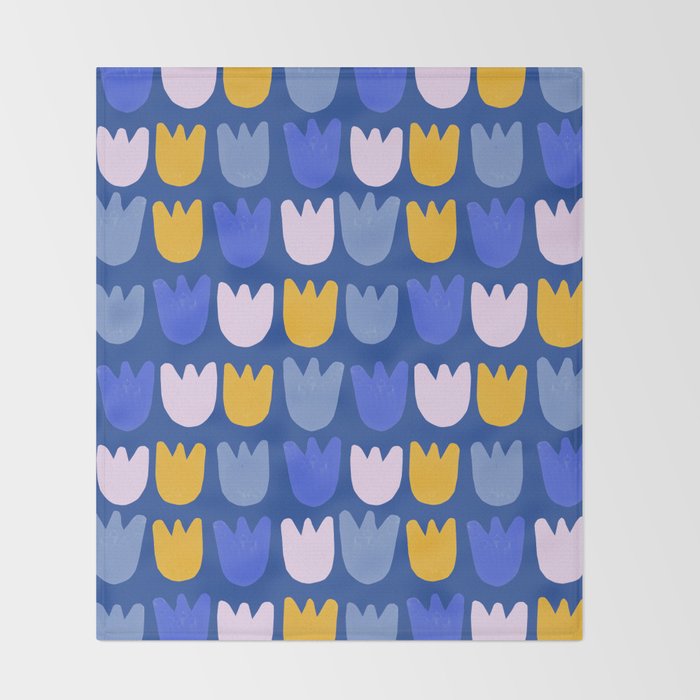 Rows of Tulips in Bloom in Blue & Mustard Yellow Throw Blanket Gallery Image 2