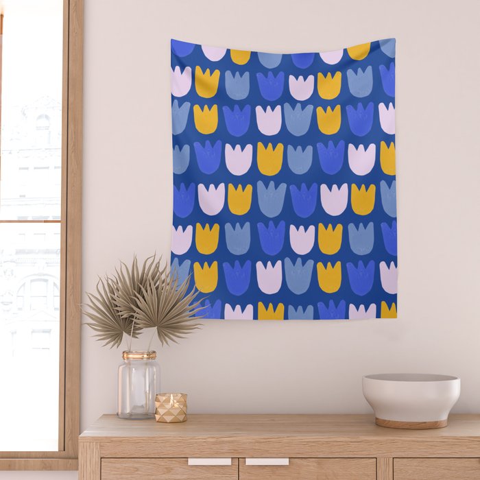 Rows of Tulips in Bloom in Blue & Mustard Yellow Wall Tapestry Gallery Image 2