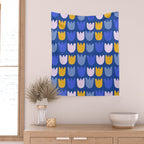 Rows of Tulips in Bloom in Blue & Mustard Yellow Wall Tapestry Gallery Image 2