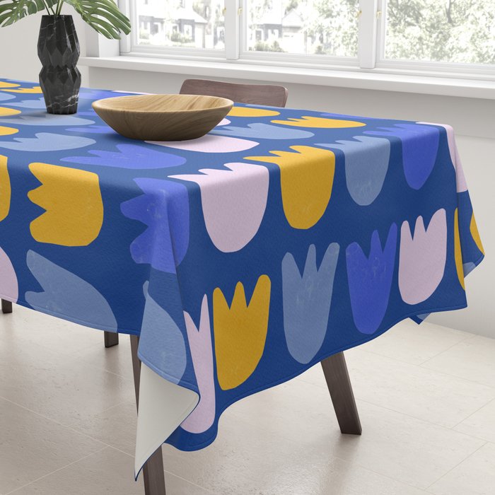 Rows of Tulips in Bloom in Blue & Mustard Yellow Tablecloth Gallery Image 3