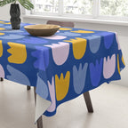 Rows of Tulips in Bloom in Blue & Mustard Yellow Tablecloth Gallery Image 3