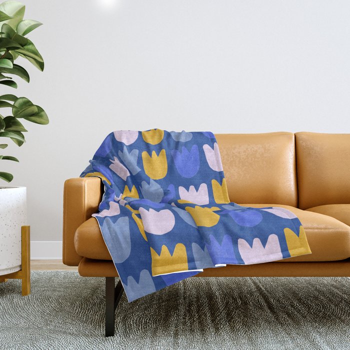Rows of Tulips in Bloom in Blue & Mustard Yellow Throw Blanket Gallery Image 1