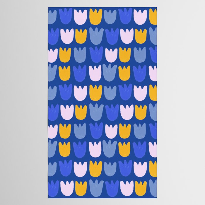 Rows of Tulips in Bloom in Blue & Mustard Yellow Tablecloth Gallery Image 2
