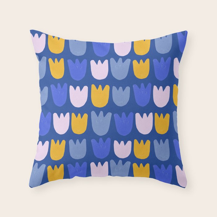 Rows of Tulips in Bloom in Blue & Mustard Yellow Throw Pillow Gallery Image 6
