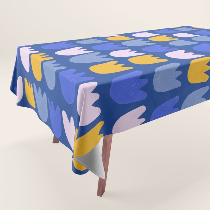 Rows of Tulips in Bloom in Blue & Mustard Yellow Tablecloth Gallery Image 1