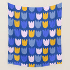 Rows of Tulips in Bloom in Blue & Mustard Yellow Wall Tapestry Gallery Image 4