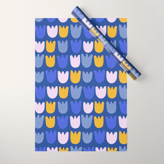 Rows of Tulips in Bloom in Blue & Mustard Yellow Wrapping Paper Gallery Image 1