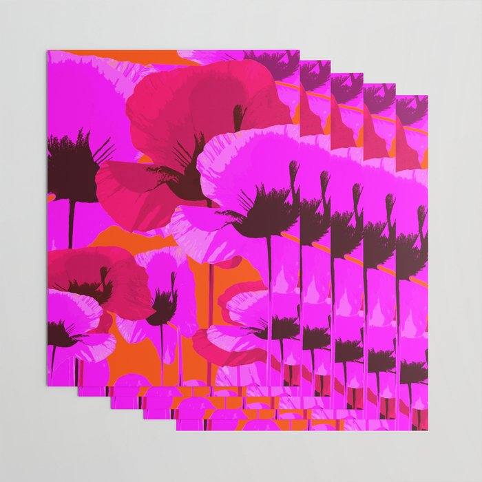 Pink And Red Poppies On A Orange Background - Summer Juicy Color Palette Retro Mood #decor #society6 Wrapping Paper Gallery Image 3