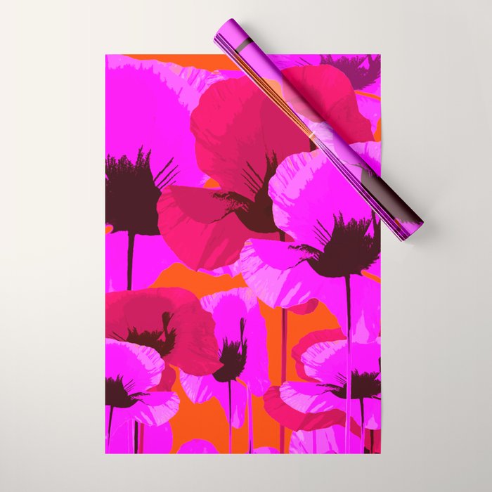 Pink And Red Poppies On A Orange Background - Summer Juicy Color Palette Retro Mood #decor #society6 Wrapping Paper Gallery Image 1