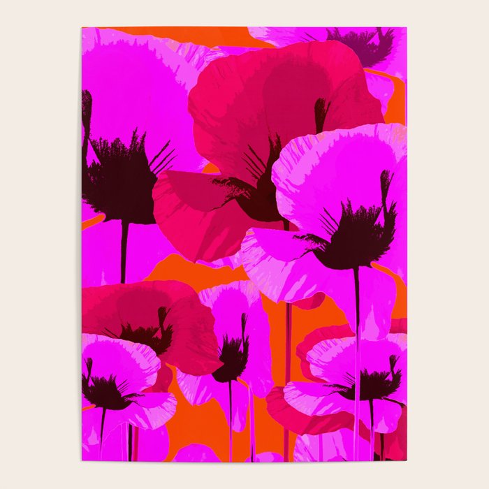Pink And Red Poppies On A Orange Background - Summer Juicy Color Palette Retro Mood #decor #society6 Poster Gallery Image 1