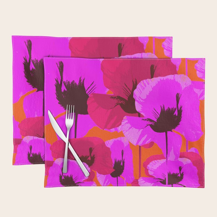 Pink And Red Poppies On A Orange Background - Summer Juicy Color Palette Retro Mood #decor #society6 Placemat Gallery Image 1