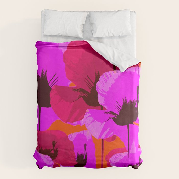 Pink And Red Poppies On A Orange Background - Summer Juicy Color Palette Retro Mood #decor #society6 Duvet Cover Gallery Image 6