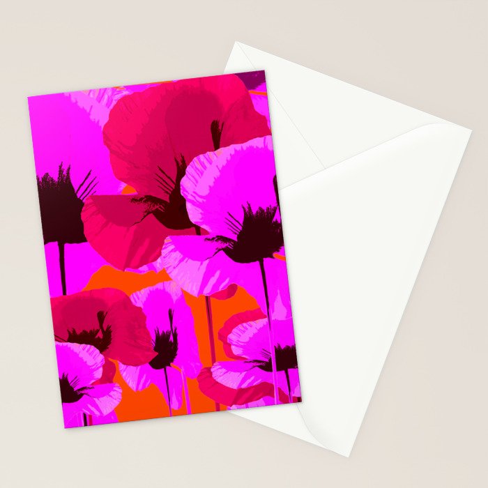 Pink And Red Poppies On A Orange Background - Summer Juicy Color Palette Retro Mood #decor #society6 Stationery Card Gallery Image 2