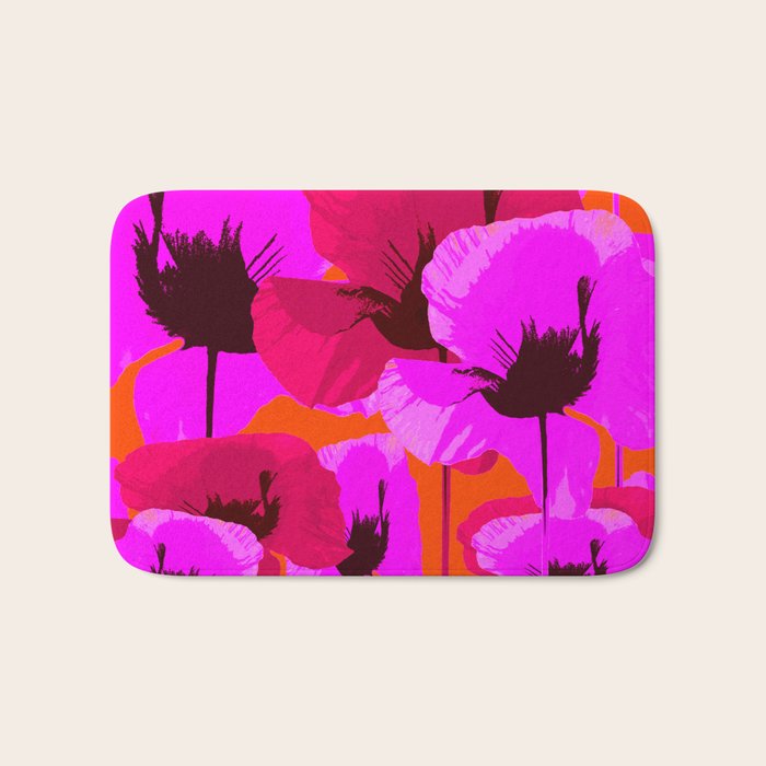Pink And Red Poppies On A Orange Background - Summer Juicy Color Palette Retro Mood #decor #society6 Bath Mat Gallery Image 1