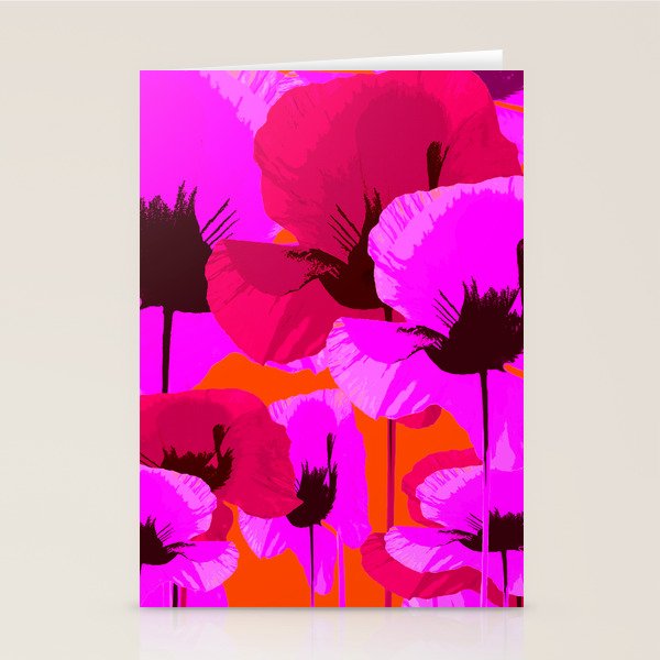 Pink And Red Poppies On A Orange Background - Summer Juicy Color Palette Retro Mood #decor #society6 Stationery Card Gallery Image 2