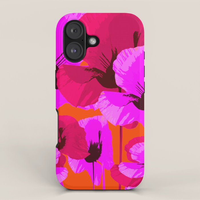Pink And Red Poppies On A Orange Background - Summer Juicy Color Palette Retro Mood #decor #society6 iPhone Case Gallery Image 1