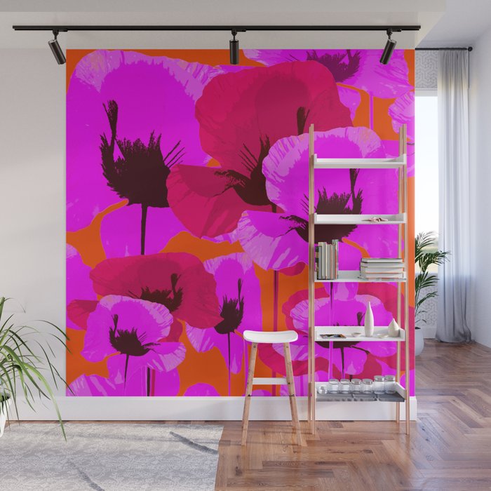 Pink And Red Poppies On A Orange Background - Summer Juicy Color Palette Retro Mood #decor #society6 Wall Mural Gallery Image 1