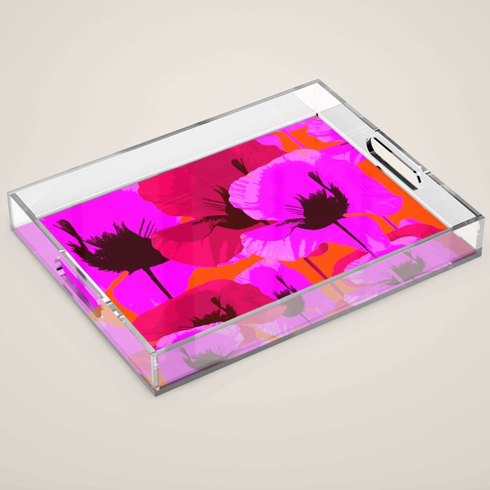 Pink And Red Poppies On A Orange Background - Summer Juicy Color Palette Retro Mood #decor #society6 Acrylic Tray Gallery Image 1