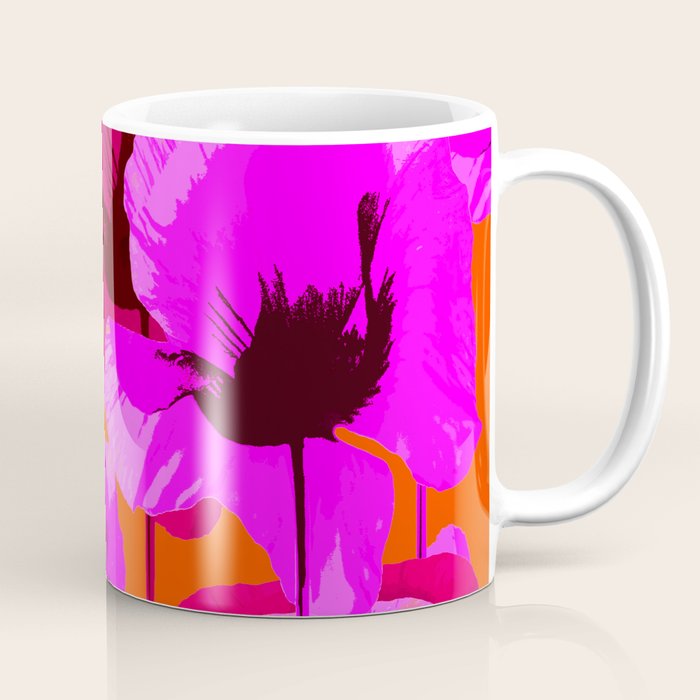 Pink And Red Poppies On A Orange Background - Summer Juicy Color Palette Retro Mood #decor #society6 Coffee Mug Gallery Image 1