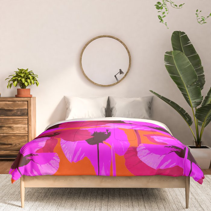 Pink And Red Poppies On A Orange Background - Summer Juicy Color Palette Retro Mood #decor #society6 Comforter Gallery Image 3