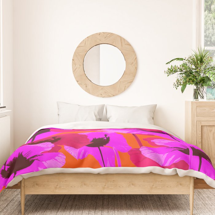 Pink And Red Poppies On A Orange Background - Summer Juicy Color Palette Retro Mood #decor #society6 Duvet Cover Gallery Image 3