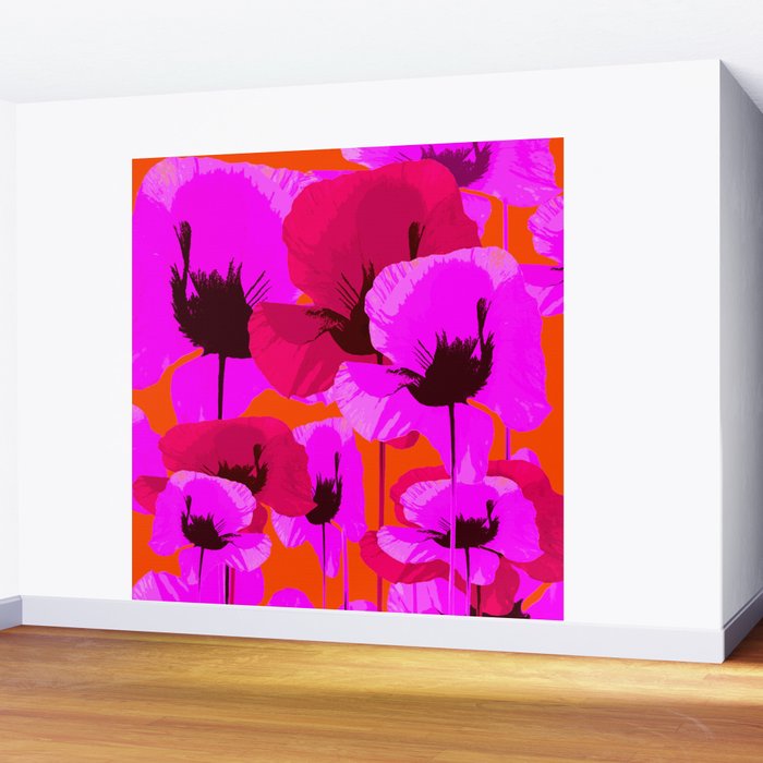 Pink And Red Poppies On A Orange Background - Summer Juicy Color Palette Retro Mood #decor #society6 Wall Mural Gallery Image 2